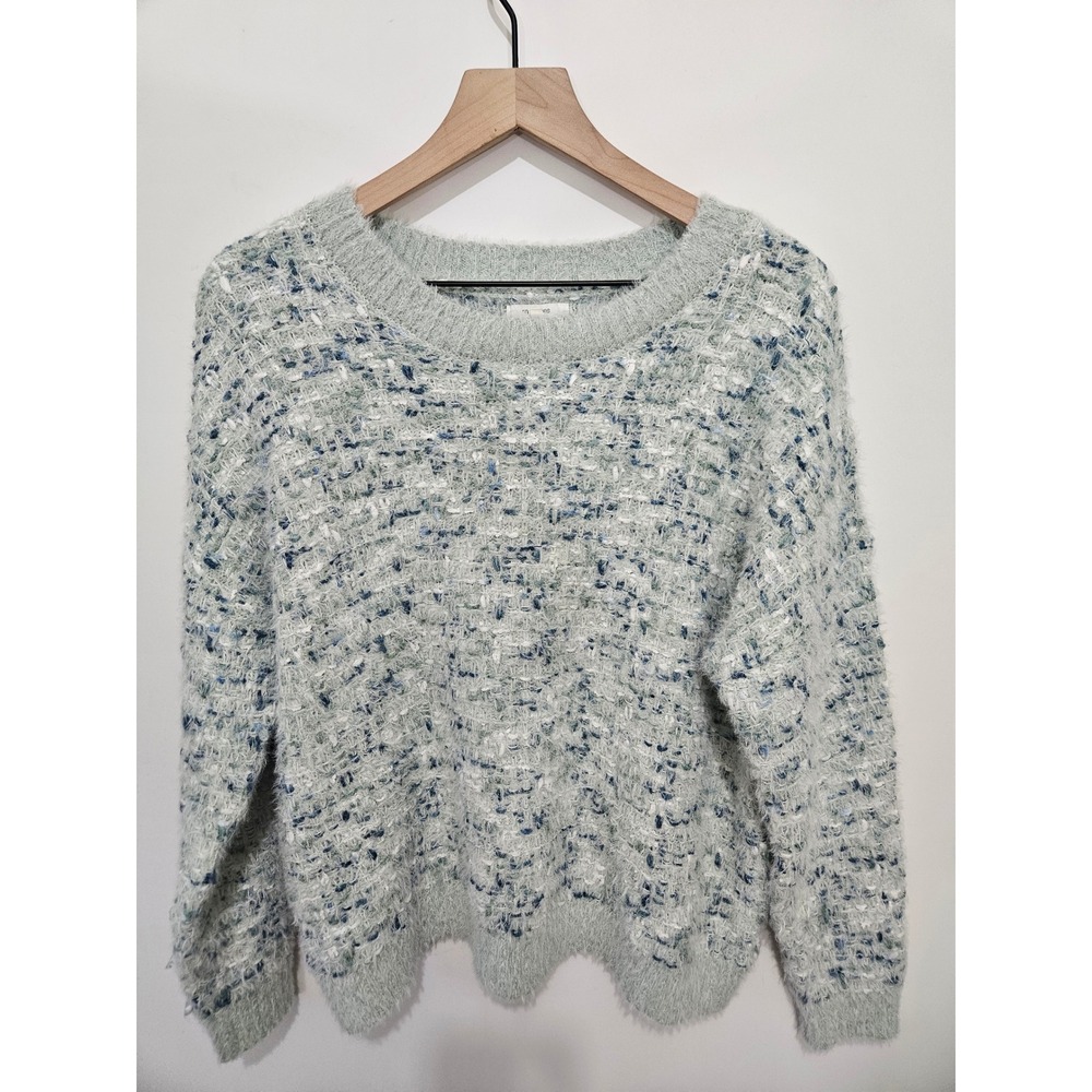 Maurices Womens Large Sage Green Blue Fuzzy Eyelash Knit Crewneck Sweater Pullov